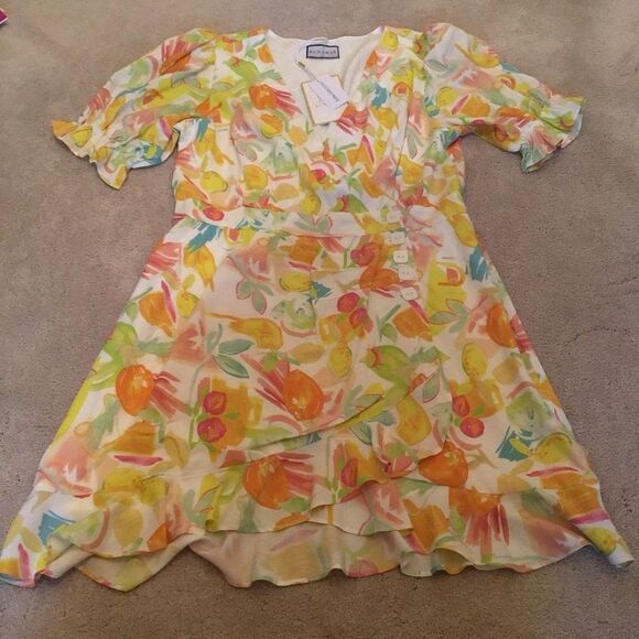 NWT RUNAWAY Zola Citrus Print Mini Dress Puff Sleeve Lemon Print Size XL - Picture 4 of 8